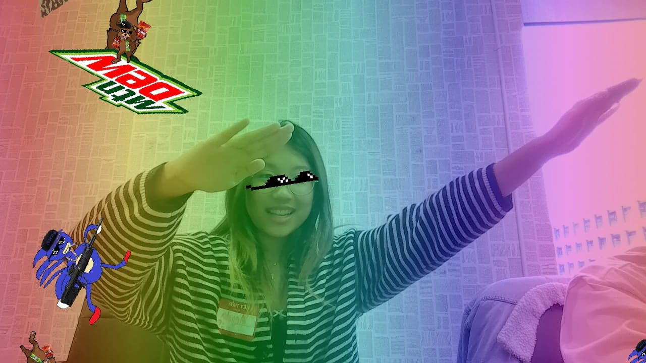 DAB Detector 9000 applying a rainbow overlay, pixel sunglasses, and animated stickers to a webcam frame