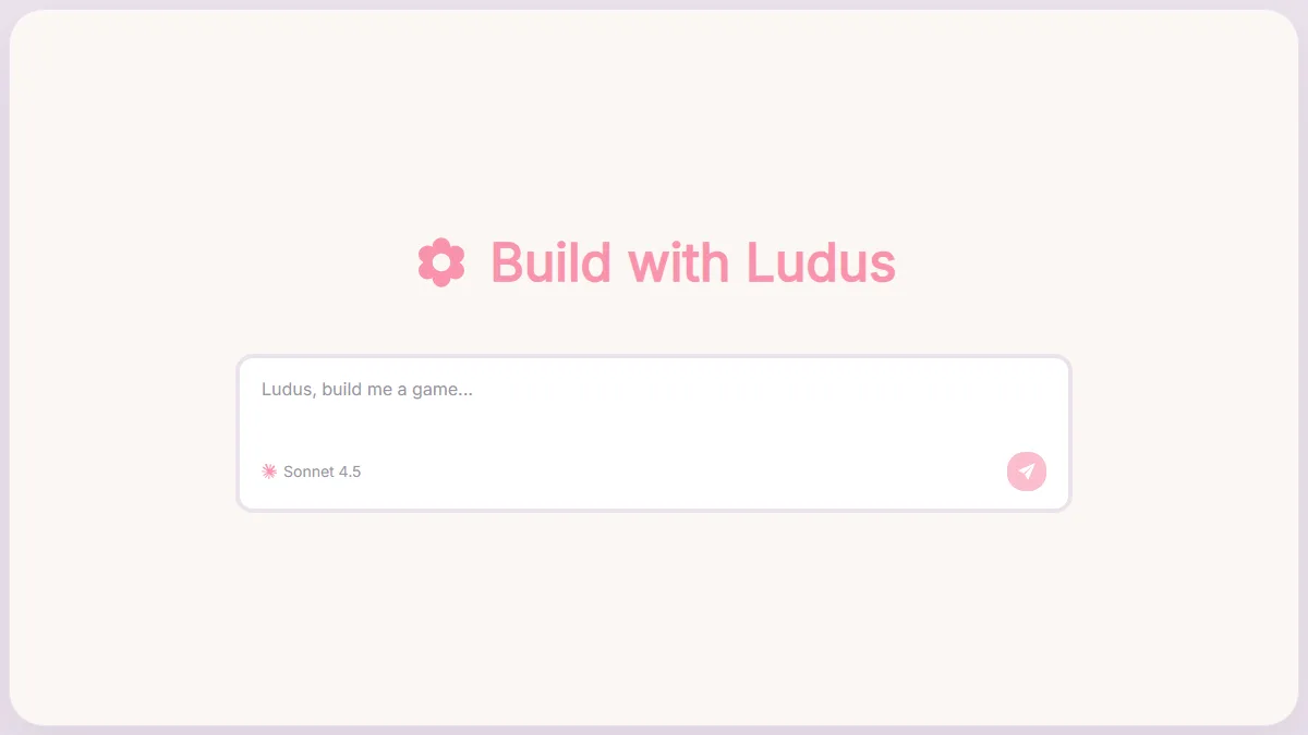 Ludus game-building prompt interface with a pink flower mark