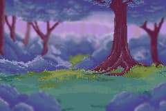 Pixel-art forest clearing from Rakan's Feather