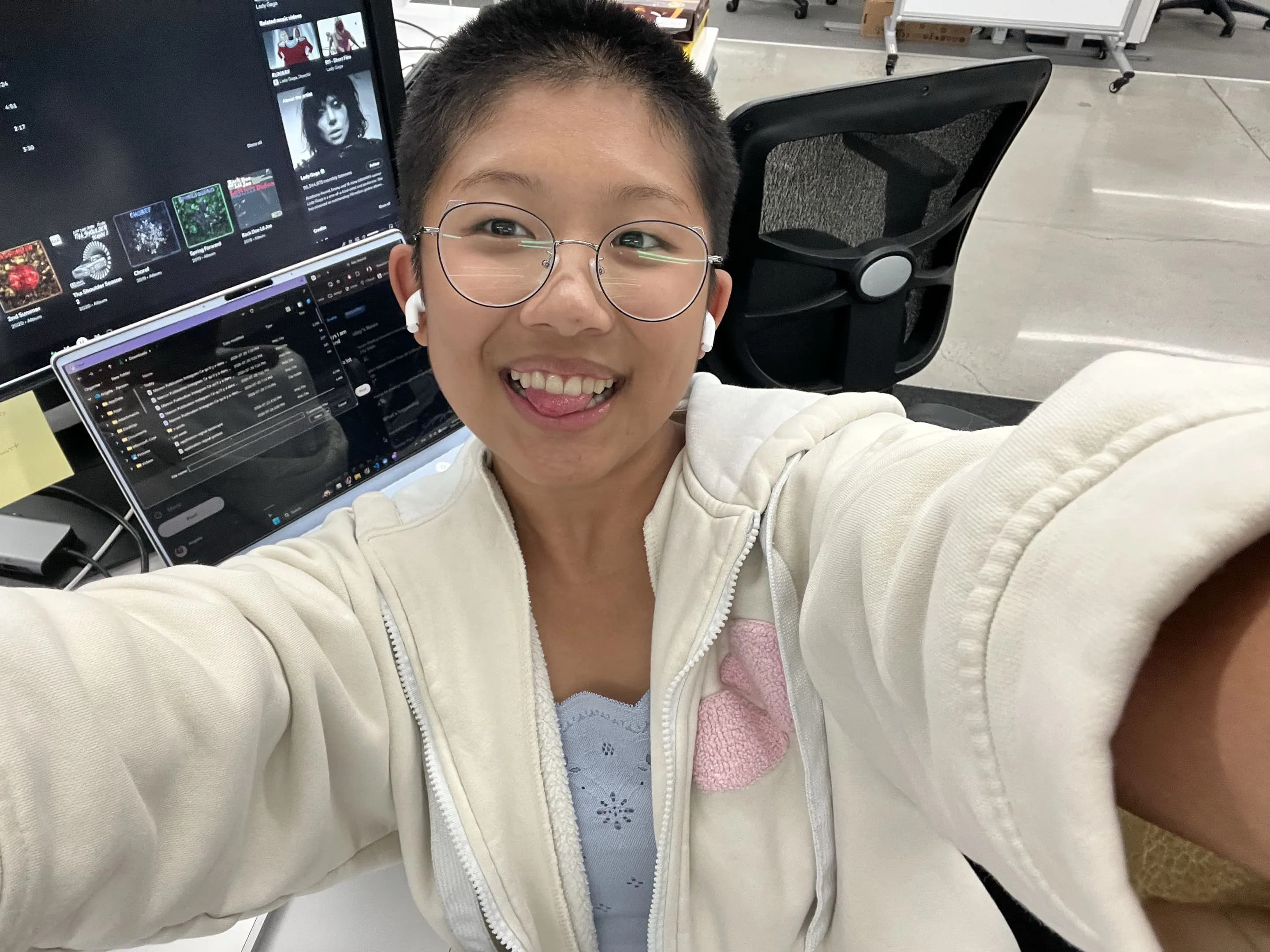 Angela's selfie at her work desk
